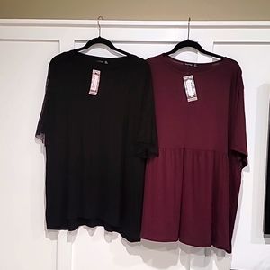 2 NWT Boohoo Tops, US 20, Black sheer Swiss dot sleeves and Burgundy peplum